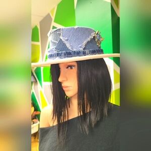 Customize blue jean patched fedora with pendant